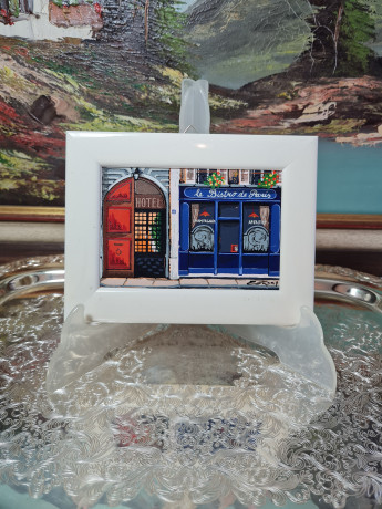 Картина винтажная ZODay "Бистро при отеле", в белой раме, 16,5 x 12,5 см, Германия, 1960-70гг.