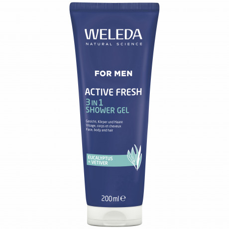 WELEDA FOR MEN Active Fresh Duschgel, 200 ml, Мужской гель для душа Active Fresh 3 в 1 для тела, лица и волос с эвкалиптом и ветивером, 200 мл