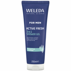 WELEDA FOR MEN Active Fresh Duschgel, 200 ml, Мужской гель для душа Active Fresh 3 в 1 для тела, лица и волос с эвкалиптом и ветивером, 200 мл