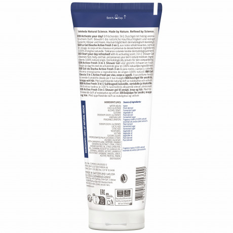 WELEDA FOR MEN Active Fresh Duschgel, 200 ml, Мужской гель для душа Active Fresh 3 в 1 для тела, лица и волос с эвкалиптом и ветивером, 200 мл