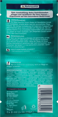 Balea Maske Hawaiian Dream Балеа Маска питательная с Витамином E и кокосовым маслом, 16 ml