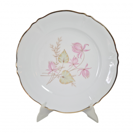 Блюдо винтажное Bavaria "Розовые цветы" с золотой каймой, фарфор, 31.5 см, Германия, 1960-70гг.