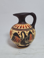 Ваза винтажная в коричнево-оранжевых тонах с изображением птиц, ручная роспись, керамика, 10.5см, Греция, 1980-90гг.