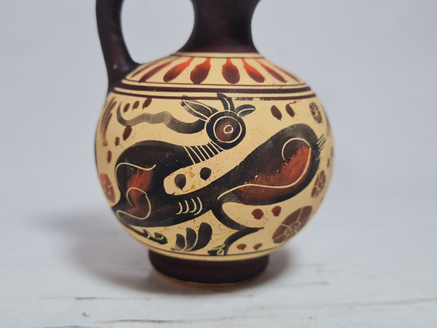 Ваза винтажная в коричнево-оранжевых тонах с изображением птиц, ручная роспись, керамика, 10.5см, Греция, 1980-90гг.