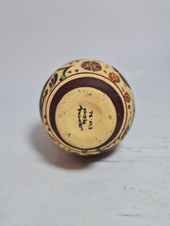 Ваза винтажная в коричнево-оранжевых тонах с изображением птиц, ручная роспись, керамика, 10.5см, Греция, 1980-90гг.