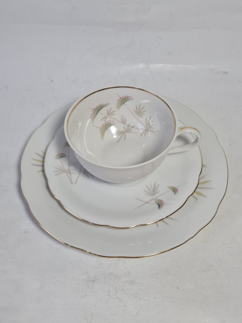 Чайное трио винтажное Bareuther Bavaria с зеленым ботаническим декором, фарфор, Германия, 1970-80гг.