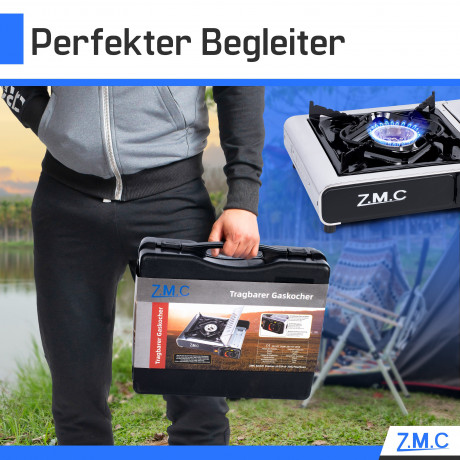 ZMC ZMC Gaskocher Edelstahl Gaskocher 1-flammig + Aufbewahrungskoffer + 24 Gaskartuschen, (Butangas Campingkocher fur Innenraum/Outdoor, Campinggaskocher 2,2 kW mit Piezozundung), Kochfeld Herd Gaskocher mit Kartusche, Gaskochfeld fur Camping Газовая пли