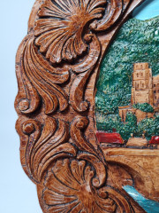 Резная разноцветная тарелка из дерева винтажная &quot;г. Гейдельберг &quot; Geschnitztes Holzwandteller, 24 x 3 см, Германия, 1960-70гг.