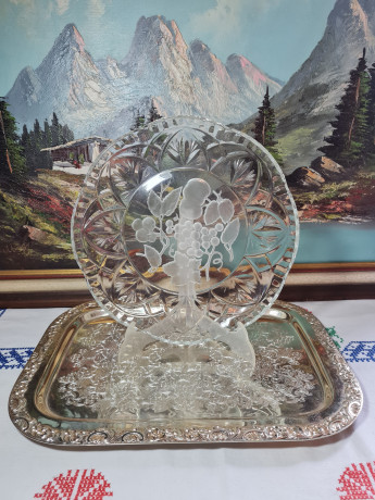 Блюдо винтажное Walther Glas Im Stil с фруктовым декором, стекло, 30 x 3 см, Германия, 1960-70гг.