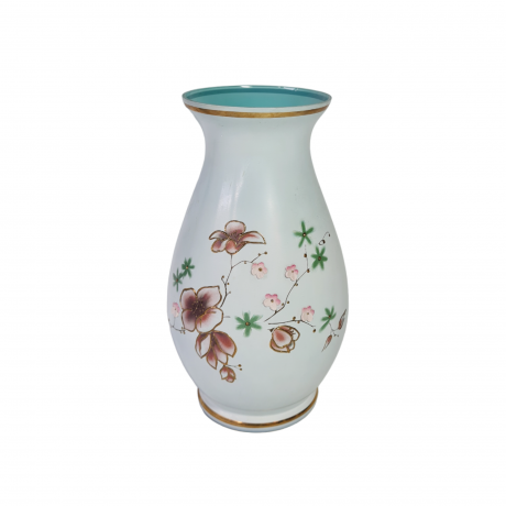 Ваза винтажная с розово-золотым цветочным декором, выдувное стекло, ручная работа, 24 x 12 см, Германия, 1960-70гг.