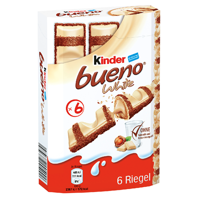 Kinder Bueno White 6 Riegel Кидер Буэно Вафельные трубочки с ореховой начинкой и молочным шоколадом 6 трубочек.x 27 шт., 1 упаковка, 3,5 кг