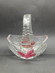 Конфетница винтажная Im Stil Anna Hutte в виде корзинки с розовым декором, хрусталь, 14.5 х 11 см, Германия, 1970-80гг.