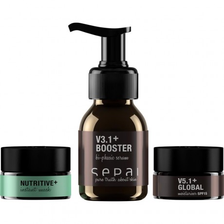 Sepai (Сепай) Kits Starter Kit Rich instant mask + bi phasic serum + moisturiser Сыворотка для лица, V3.1 BOOSTER+ 15 мл + V4.1 local+ 4 мл + V5.1 Global+ 4 мл + Nutritive Travelsize 7 мл / 1 шт.