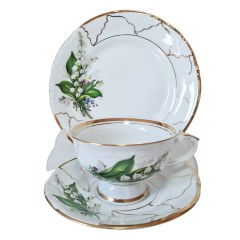 CHODZIEZ Винтажное Чайное трио &quot;Ландыши&quot; с фактурным узором и обильной позолотой, Польша, 1960-70гг.