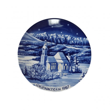 Тарелка декоративная винтажная Bavaria "Рождество в Германии", кобальт, фарфор, 19,5 см, Германия, 1987 год.