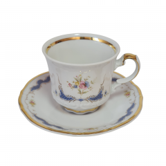 Чайная пара винтажная Mitterteich Bavaria, белый фарфор с ярко-синим цветочным декором и позолотой, 8,5 x 6 см /12 см, Германия, 1960-70гг.