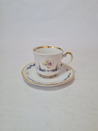 Чайная пара винтажная Mitterteich Bavaria, белый фарфор с ярко-синим цветочным декором и позолотой, 8,5 x 6 см /12 см, Германия, 1960-70гг.