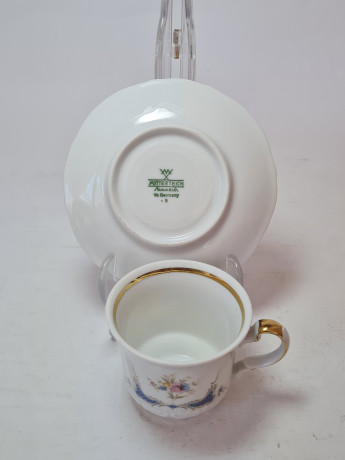Чайная пара винтажная Mitterteich Bavaria, белый фарфор с ярко-синим цветочным декором и позолотой, 8,5 x 6 см /12 см, Германия, 1960-70гг.