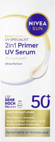 NIVEA SUN 2in1 Primer Daily UV Serum SPF 50+, 30 ml, Нивеа Солнцезащитная сыворотка праймер для лица, SPF 50+, разглаживание и защита, 30 мл