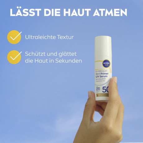 NIVEA SUN 2in1 Primer Daily UV Serum SPF 50+, 30 ml, Нивеа Солнцезащитная сыворотка праймер для лица, SPF 50+, разглаживание и защита, 30 мл