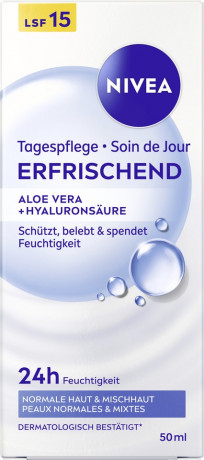 NIVEA Tagespflege Erfrischend Aloe Vera + Hyaluronsaure LSF 15, 50 ml, Нивеа Дневной крем для лица, SPF 15, алоэ вера и гиалуроновая кислота, освежающий, 50 мл