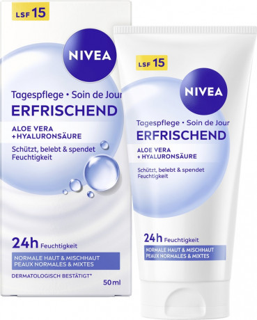 NIVEA Tagespflege Erfrischend Aloe Vera + Hyaluronsaure LSF 15, 50 ml, Нивеа Дневной крем для лица, SPF 15, алоэ вера и гиалуроновая кислота, освежающий, 50 мл