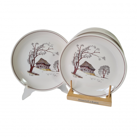 Набор тарелок винтажный ISG с изображением дома в лесу, фарфор, 6 шт., 25 x 2,5 см, Италия, 1960-70гг.