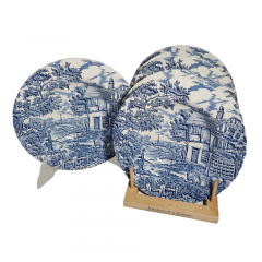 Тарелки винтажные Myott / Коллекция &quot;The Huter&quot; в сине-белых тонах, 6 шт., 23 см, фарфор, Англия, 1982 год.