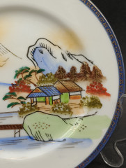 Набор винтажных тарелок, в сине-белых тонах, с традиционным японским сюжетом, 6 шт., фарфор, 15.5 см, Япония, 1970-80гг.