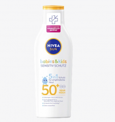 NIVEA SUN Sonnenmilch Kids, Schutz &amp; Pflege sensitiv, LSF 50+, Детский солнцезащитный лосьон, защита и уход для чувствительной кожи, SPF 50+, 200 мл