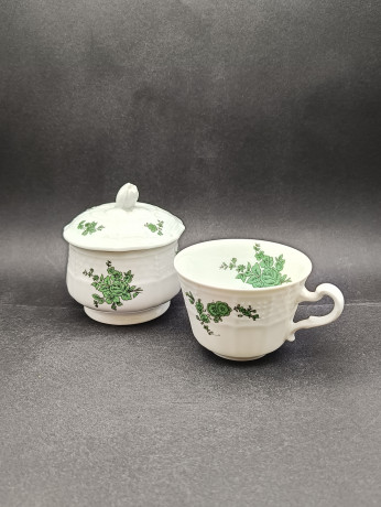 Набор для чая винтажный Heinrich с зеленым декором, чашка и сахарница, фарфор, чашка, сахарница, Германия, 1960-70гг.
