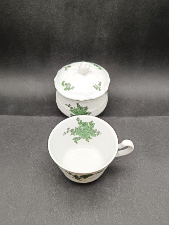 Набор для чая винтажный Heinrich с зеленым декором, чашка и сахарница, фарфор, чашка, сахарница, Германия, 1960-70гг.