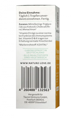 Nature Love Vitamin D3 & K2 Tropfen 30ml, Витамин D32 5 мкг + Витамин K2 20 мкг на суточную дозу (1 капля), 30 мл