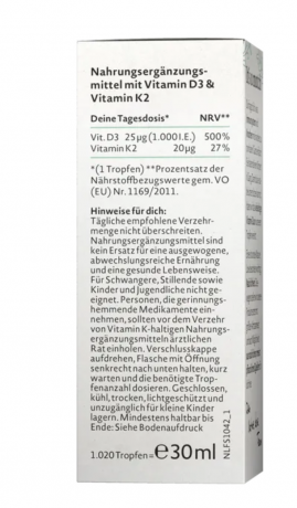 Nature Love Vitamin D3 & K2 Tropfen 30ml, Витамин D32 5 мкг + Витамин K2 20 мкг на суточную дозу (1 капля), 30 мл