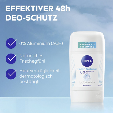 NIVEA Fresh Natural Deodorant Stick, 50 ml, Нивеа Дезодорант стик, 0% алюминия, формула INFINIFRESH, 48ч защита, натуральная свежесть, 50 мл
