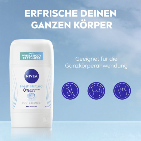 NIVEA Fresh Natural Deodorant Stick, 50 ml, Нивеа Дезодорант стик, 0% алюминия, формула INFINIFRESH, 48ч защита, натуральная свежесть, 50 мл