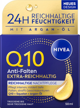 NIVEA Q10 Anti-Falten Extra-Reichhaltige Nachtpflege, 50 ml, Нивеа ночной крем пантенол, витамин E, коэнзим Q10 против морщин 50 мл