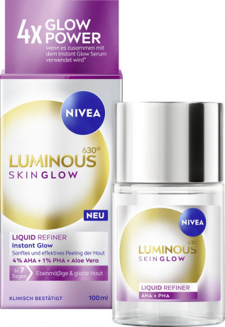 NIVEA Luminous630 Skin Glow Liquid Refiner, 100 ml, Нивеа Тоник эксфолиант для лица, гликолевая кислота и алоэ вера, сияние и обновление, сужение пор, 100 мл