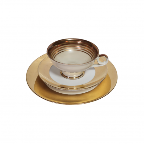 Чайное трио винтажное Eigl, бело-золотой фарфор с красочным изображением Шёнбруннского дворца в Вене, Австрия, 1960-1970гг.