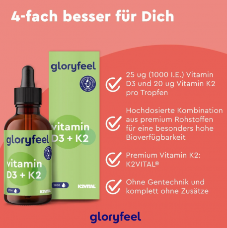 Gloryfeel D3 + K2 50ml, Витамин Д3 К2 для иммунитета и костей, жидкий, 1000ME, 50 мл