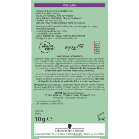 Schwarzkopf Taft Volumen Puder Haltegrad 3, Тафт пудра для придания волосам объема, 10 г.