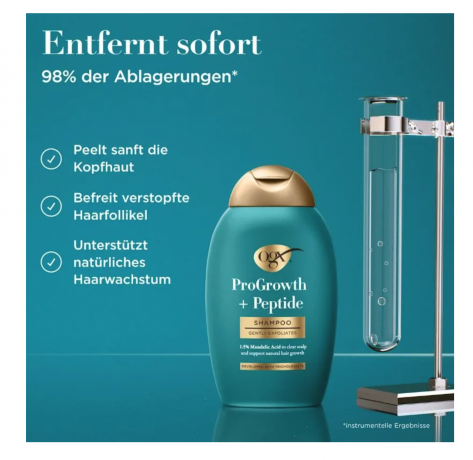 OGX ProGrowth + Peptide shampoo, 385ml, Шампунь для роста и укрепления волос ProGrowth + Peptide против выпадения и ломкости, пептиды и миндальная кислота, для тонких и ослабленных волос, 385мл
