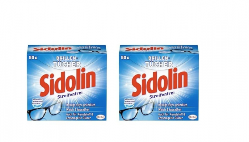 Sidolin Brillenputztucher 50 Stk x 2 packs, Sidolin салфетки для очков и экранов влажные, без разводов, мягкая очистка линз, дисплеев и стекла, 50шт x 2 упаковки