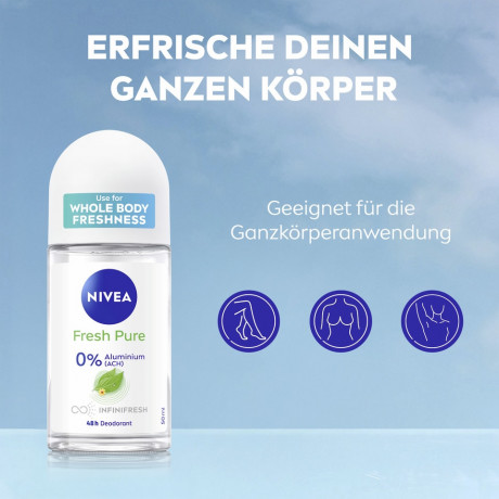 NIVEA Fresh Pure Deodorant Roll-On, 50 ml, Нивеа Дезодорант ролик, аромат жасмина, 0% алюминия, формула INFINIFRESH, 48ч защита, 50 мл