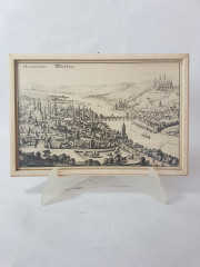 Картина винтажная &quot;Вид на Вюрцбург и крепость Мариенберг&quot;, переплетная мастерская Альберт Вюрх Людвигсбург, 27,5 x 19 см, деревянная рама, Германия, 1950-60гг.