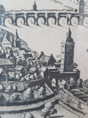 Картина винтажная &quot;Вид на Вюрцбург и крепость Мариенберг&quot;, переплетная мастерская Альберт Вюрх Людвигсбург, 27,5 x 19 см, деревянная рама, Германия, 1950-60гг.