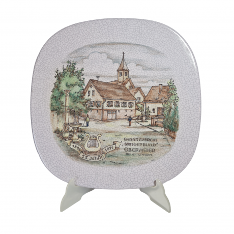 Тарелка декоративная винтажная Karlsruhe / Majolika с кракелюром "Sangerbund 75 лет", ручная роспись, керамика, 30 см, Германия, 1988 г.