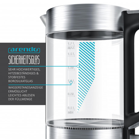 Arendo Arendo Wasserkocher, 1,7 l, 2200 W, Edelstahl  Glas, Cool-Touch-Griff, Uberhitzungs-  Trockengehschutz  Чайник Arendo, 1,7 л, 2200 Вт, стекло из нержавеющей стали, ручка Cool Touch, защита от перегрева и выкипания.