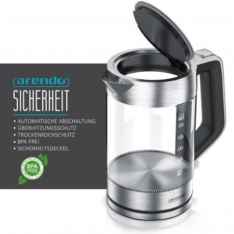 Arendo Arendo Wasserkocher, 1,7 l, 2200 W, Edelstahl  Glas, Cool-Touch-Griff, Uberhitzungs-  Trockengehschutz  Чайник Arendo, 1,7 л, 2200 Вт, стекло из нержавеющей стали, ручка Cool Touch, защита от перегрева и выкипания.