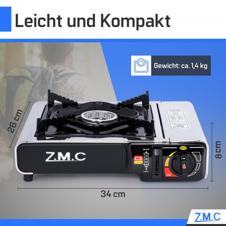 ZMC ZMC Gaskocher Edelstahl Gaskocher 1-flammig + Aufbewahrungskoffer + 4x Gaskartuschen, (Butangas Campingkocher fur Innenraum/Outdoor, Campinggaskocher 2,2 kW mit Piezozundung), Kochfeld Herd Gaskocher mit Kartusche, Gaskochfeld fur Camping  Газовая пли